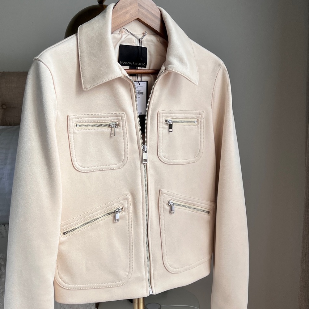 Suede Moto Zip 5-Pocket Jacket, Cream